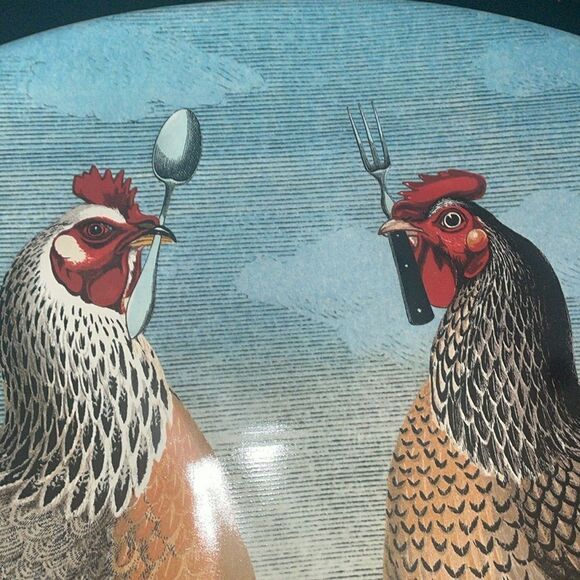 John Derian Chicken rooster holding fork and spoon stoneware serving platter - Picture 5 of 5